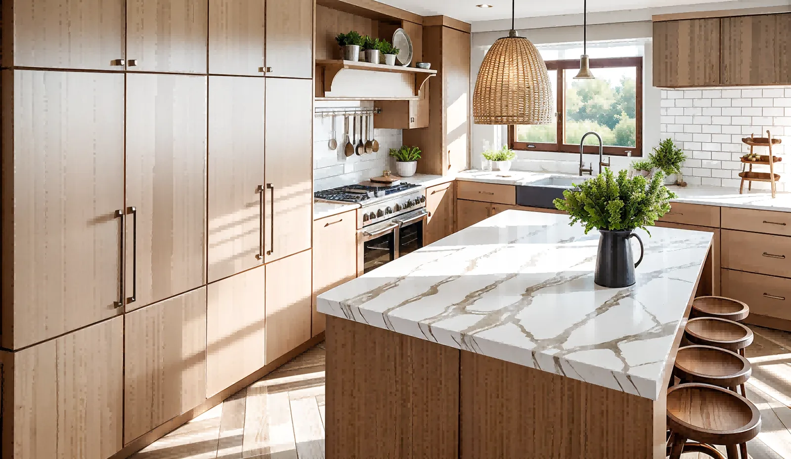 Kitchen with light wood cabinets and an island