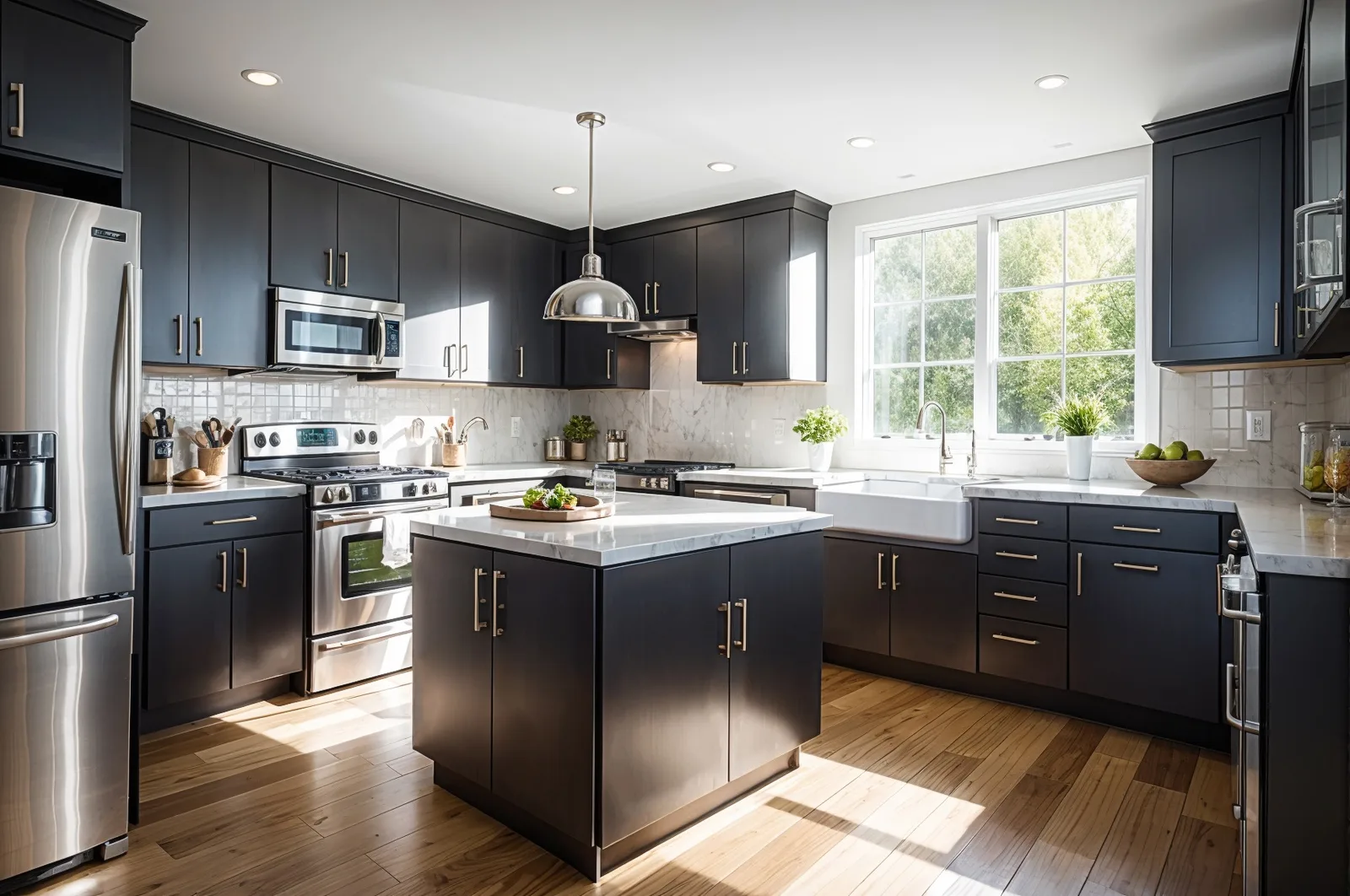 Kitchen with navy cabinets and an island